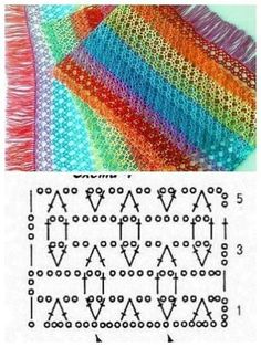 two pictures with different colors and patterns on the same piece of yarn, one has an arrow