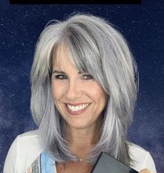 Shoulder Length Layered Grey Hair Over 50, Medium Length Layered Gray Hair, Hair Color Ideas For Grey Hair Over 50, Med Gray Hairstyles, Layered Gray Hair Over 50, Medium Length Gray Hair Over 50, Shoulder Length Gray Hair, Gray Hair With Bangs