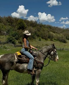 a woman riding on the back of a brown and white horse in a green field