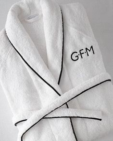 All white 100% Egyptian Cotton Terry spa robe. These bespoke robes are custom made with your color choice for the piped border and custom monogram. Very luxurious with an oversize spa fit and are approximately mid-calf length. Robes are sized for unisex fit. Allow 4-6 weeks production. One of our best selling his and hers engagement and wedding gifts. Price includes the selected monogram. Monogram Bedding, Monogram Robes, Terry Cloth Robe, Custom Robes, Terry Robe, Luxury Robes, Towel Collection, Monogram Styles, Fine Linens