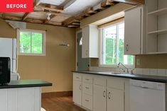 an empty kitchen with white cabinets and black counter tops in the foreground, before and after remodeling