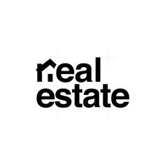 the words real estate are black and white