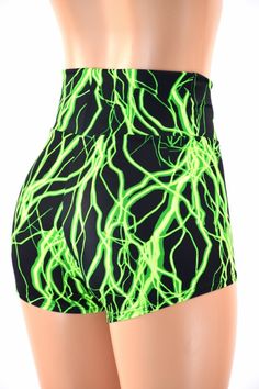 "This item is made to order, please read all the way through the listing before purchasing! Neon Green Lightning print spandex is four way stretch for a great fit! The shorts have a high, anti muffin top waistband. UV glow and super duper neon under UV blacklight! LENGTH: 2.5\" inseam RISE: 11\" Womens Sizing (See below for instructions on where measurements should be taken) XXS: Bust 29\"-30\" / Waist 22\"-23\" / Hips 30\"-32\" Extra Small: Bust 31\"-32\" / Waist 24\"-25\" / Hips 33\"-35\" Smal Green High Waist Compression Shorts, High Waist Compression Green Shorts, Neon Sports Bottoms, Green High-waisted Compression Shorts, Green Stretch High-waisted Shorts Activewear, Fitted Green Bottoms For Rave, Green Elastane Shorts, Green Fitted High-waisted Biker Shorts, Fitted Green High-waisted Biker Shorts