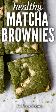 healthy matcha brownies with almonds on top and text overlay that reads, healthy matcha brownies