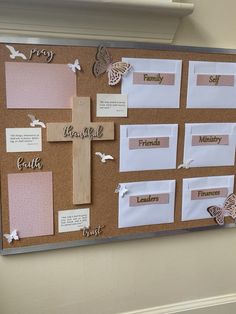 a bulletin board that has some paper and other things on it with butterflies around it