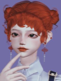 a digital painting of a woman with red hair and earrings on her head, wearing a white shirt