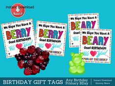 three birthday cards with raspberries and gummy bears in front of blue background