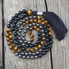 Tiger Eye Necklace Handmade, Mixed Stone Necklace, Hematite Necklace, Protection Crystals, Protection Necklace, 108 Bead, Tiger Eye Beads, Eye Beads, Silk Cord