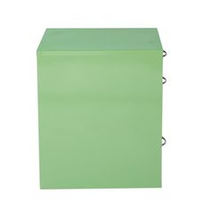 a green box with two metal handles on the front and bottom, against a white background