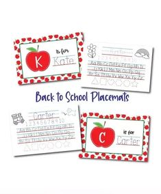 back to school placemats with the letter c and an apple on them,