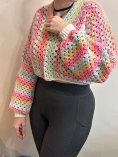 A beautiful collage of pastel cuteness! This vibrant cardigan is definitely an eye catching piece, perfect for any wardrobe!  Collar to bottom hem - 45cm / 17.5inches Width - 54cm / 21 Inches Arm Width - 21cm / 8 Inches Arm Length - 65cm / 25 Inches Cute Multicolor Long Sleeve Sweater, Rainbow Long Sleeve Sweater For Spring, Long Sleeve Rainbow Sweater For Spring, Spring Rainbow Long Sleeve Sweater, Colorful Cozy Sweater For Spring, Cute Crochet Sweater For Spring, Colorful Cotton Spring Sweater, Spring Multicolor Cotton Sweater, Trendy Pastel Sweater For Spring