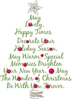 a christmas tree with the words merry and happy times written in green ink on it