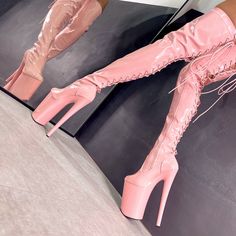 💕 Throw out the unapologetic girly vibes in this glossy patent pink, with silver hardware and matching laces!If you be a nympho, I'll be a nympho 😈 Slim Edition! Also available in 7" and 8", and Boujee (Mink Tan), No Angel (Off White) and Dream On (Pastel Pink) & Available in Thicc Edition! Pinup Shoes, Weird Shoes, Jorge Gonzalez, Classy Baddie, Pleaser Heels, Cute Shoes Heels, Kawaii Shoes