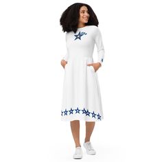 Dallas Football fans - Meet your new favorite dress! Its soft fabric and flattering cut will ensure you feel comfortable and feminine all day long. Plus, the fitted waist and flared bottom part of the dress will accentuate the wearer's naturally beautiful silhouette. The best part about the dress? It. Has. Pockets.   * Fabric composition in the EU: 96% polyester, 4% spandex  * Fabric composition in the US: 93% polyester, 7% spandex  * Fabric weight: 6.19 oz/yd2 (210 g/m2) (weight may vary by 5%) White Long Sleeve Midi Dress For Winter, White Long Sleeve Midi Dress For Fall, White Mid-length Dress For Fall, White Mid-length Fall Dress, Beautiful Silhouette, Sports Bar, Team Sports, Sleeve Midi Dress, Naturally Beautiful