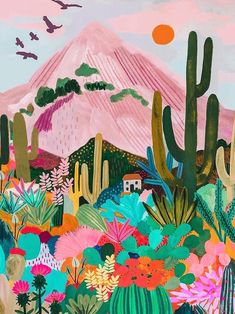 a painting of cactus and mountains with birds in the sky