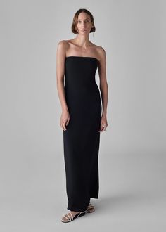 Strapless Column Dress in Viscose Crepe - Black | CO Black Strapless Dress Outfit, Strapless Dress Outfit, Instagram Editor, Black Strapless Dress, Column Dress, Stretch Crepe, Silk Wool, Cotton Viscose, Evening Wear