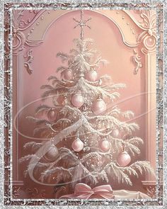 a white christmas tree with pink ornaments on it's top and silver trimmings