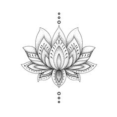 a black and white drawing of a lotus flower with dots on the bottom right side