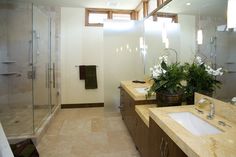 a bathroom with two sinks and a large mirror in the wall above it is also a walk in shower