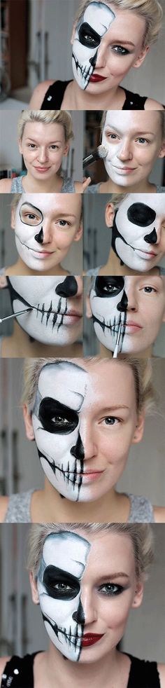 How To Paint A Skull On Your Face, Make Up Fantasi Simple, Half Scary Half Pretty Makeup, Glam Skull Makeup Half Face, Halloween Skeleton Makeup Half Face, Halloween Half Face Makeup, Skull Makeup Half Face, Half Face Skull Makeup, Half Skull Face Paint