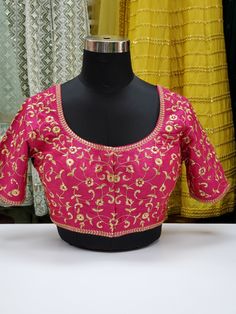 Fancy raw silk blouse with gold embroidery Blouse has 2 inch margins on each side to make it bigger Ready to ship Online only Computer Work Blouse Designs, Dark Pink Blouse, Raw Silk Blouse, Computer Work, All Over Design, Saree Blouses, Gold Embroidery, Blouse Work Designs, Embroidery Blouse