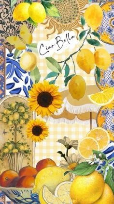 a painting of lemons, oranges and other fruit on a tablecloth with the words cin - bolla written above it