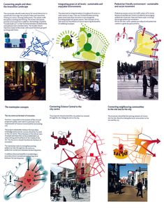 an advertisement with many different images and words on it, including people walking in the street