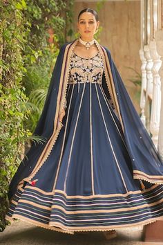 Navy blue anarkali with floral embroidery. Paired with a churidar and dupatta. - Aza Fashions Blue Anarkali Set With Resham Embroidery For Navratri, Blue Resham Embroidered Anarkali Set For Navratri, Traditional Maxi Length Churidar With Sheer Dupatta, Designer Blue Anarkali Set With Dupatta, Blue Anarkali Set With Sheer Dupatta For Navratri, Blue Anarkali Set For Transitional Season, Festive Blue Anarkali Set, Blue Georgette Anarkali Set With Cutdana, Anarkali Style Georgette Churidar For Reception