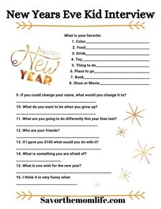 the new year's eve kid interview is shown in this printable version for kids