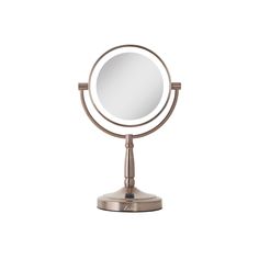 a small round mirror sitting on top of a metal stand