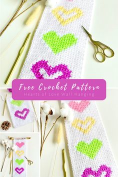 the crocheted table runner has hearts on it and is ready to be sewn