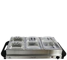 an electric hot plate with four compartments on the side and two trays in front