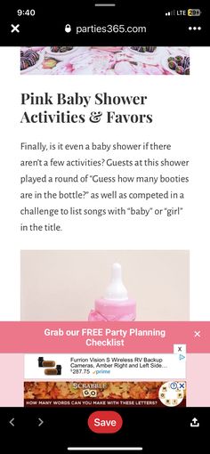 pink baby shower activities and favors page on the app store's mobile website,