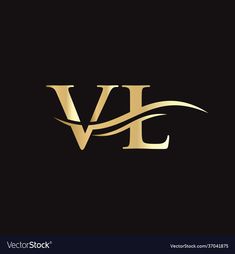 the letter vl in gold color on a black background with an abstract wave logo