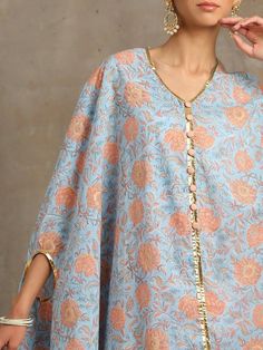 Heer Firoza Blue Cotton Printed Cape Set by Maison Shefali now available at Trendroots Kaftan Set, Cape Set, Sharara Pants, Wedding Clothes, Festive Wear, Accessories Ideas, Best Deal, Festival Wear, Blue Fabric