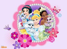 disney princesses wallpaper with flowers and butterflies on the bottom right hand corner, there is