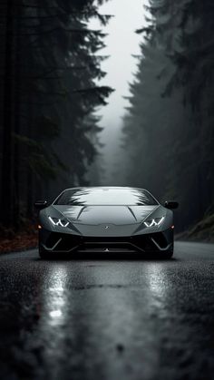 a black sports car driving on a wet road in the woods with fog and trees