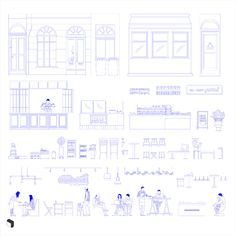 blueprint drawings of people sitting at tables in front of windows