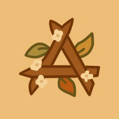 the letter a with leaves and flowers on it's sides is shown in brown