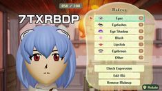 an anime character with blue hair and red eyes in front of a menu for the game