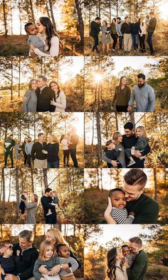 a collage of people standing in the woods with their faces close to each other