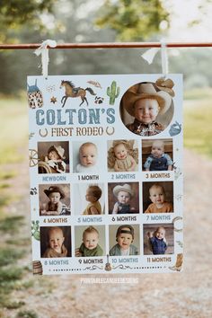 a baby's first rodeo sign hanging from a clothes line with pictures of babies on it