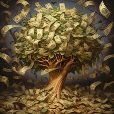 a tree with lots of money falling from it