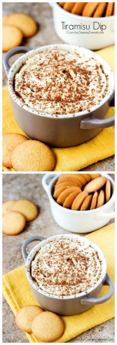 three different views of cookies and dip in pans