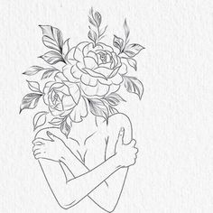 a drawing of a woman holding flowers in her hands