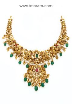 22 Karat Gold "Peacock" Necklace with Cz , Color Stones , Culture Pearls & Beads (Temple Jewellery) 
  Culture Pearls Weight : 6.25 ct - 235-GN5479 - in 60.450 Grams for USD $4881.96. 
Made in India by Totaram Jewelers Online this product is in Gold - 22 Karat BIS Hallmark 916 KDM Gold  & is an excellent gift for Adult - Women. Ships fully insured with secured guaranteed delivery for free with your order over $250 from New Jersey USA & comes with 30 days exchange policy. Gold Peacock, Peacock Necklace, 22k Gold Jewelry, Color Stones, Gold Jewelry Indian, Temple Jewellery, Online Jewelry Store, Selling Jewelry, 22k Gold