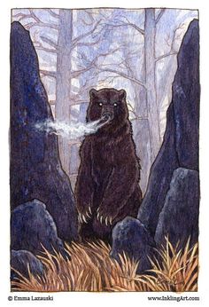 a drawing of a bear standing on its hind legs in front of some rocks and trees