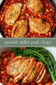 two pictures of spanish skillet pork chops with beans and broccoli on the side