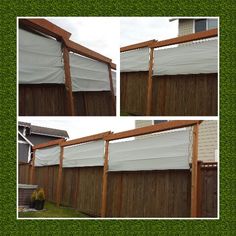 three pictures of a wooden fence with white curtains on the top and bottom panels above it