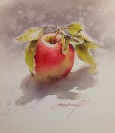 a painting of an apple with leaves on it